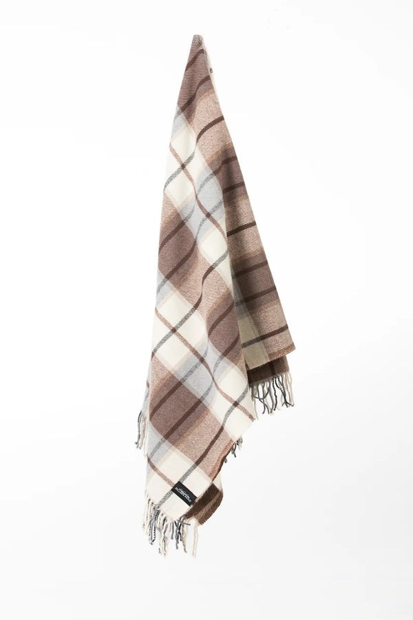 Palliser Ridge Twill Check lambswool throw in Chocolate, hanging to show the full check pattern