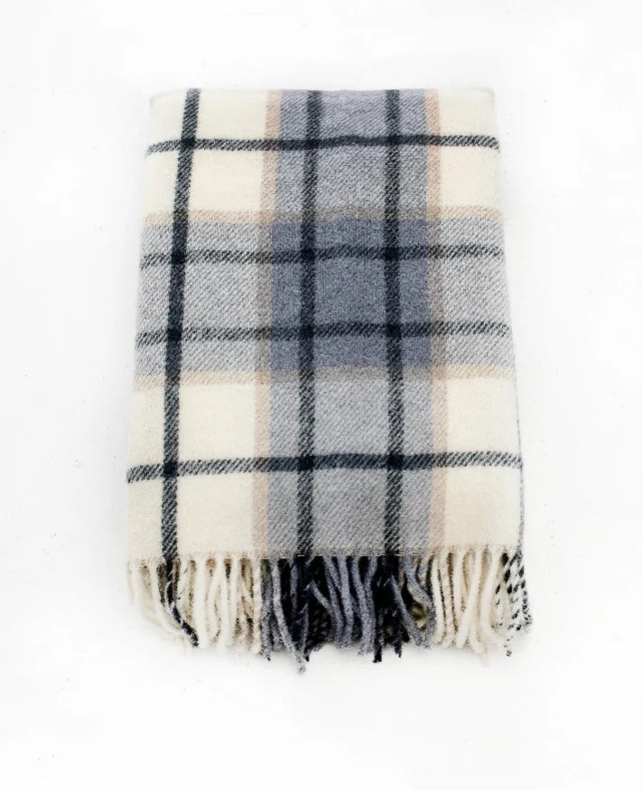Palliser Ridge Twill Check lambswool throw in Dove Grey, folded flat showing the check pattern