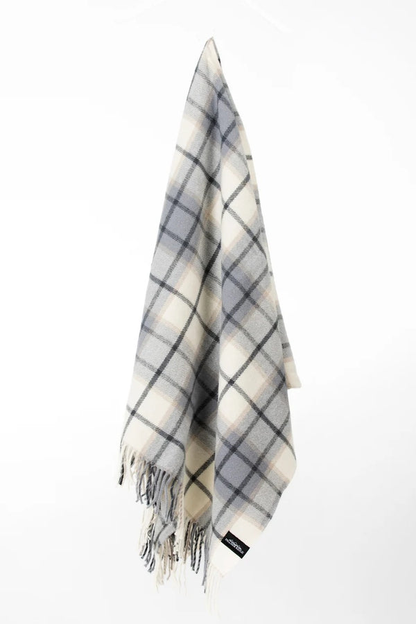Palliser Ridge Twill Check lambswool throw in Dove Grey, hanging to show the full check pattern