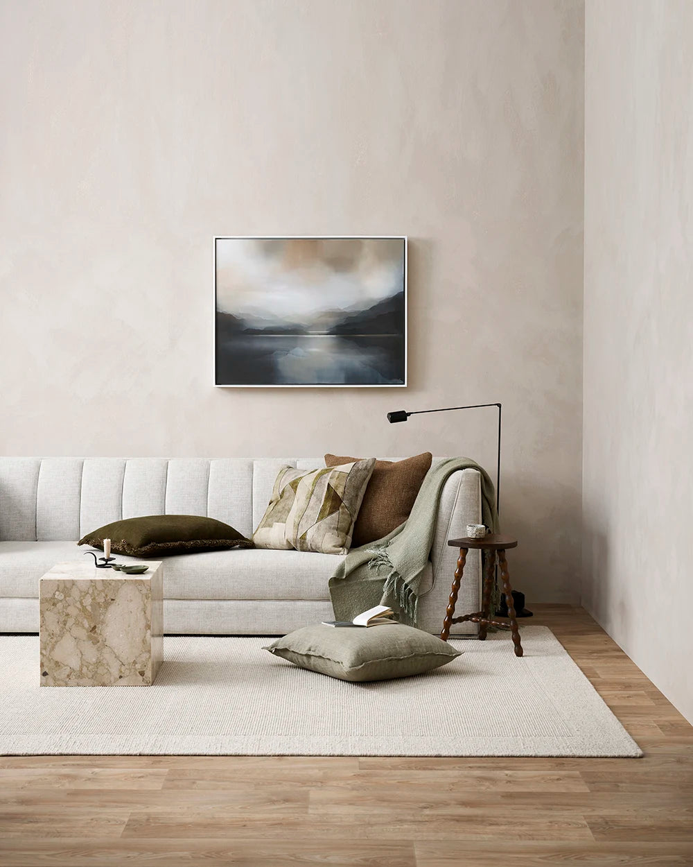 Baya Grove Linen Cushion Olive Abstract Print– Ink Brayer