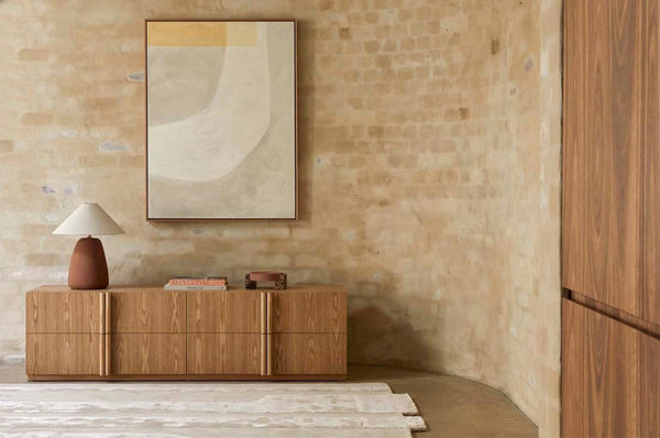 A cream, light natural beige floor rug with geometric designs rendered in alternating pile heights, by Globe West and Soren Liv NZ, situated in a stylish living room.