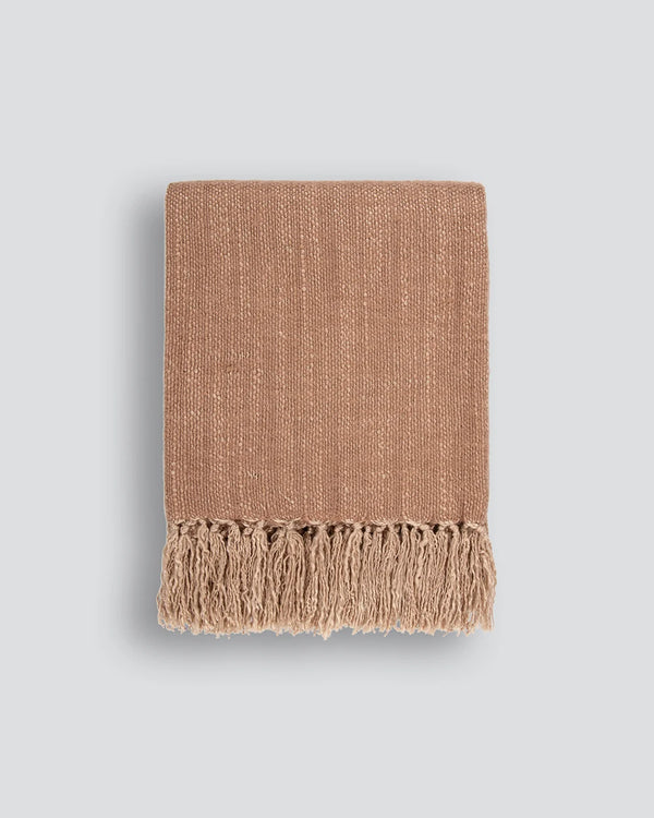 A brown-pink wool-blend throw blanket with tasseled fringe, by Baya nz