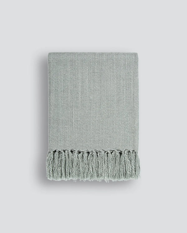 Light grey wool-blend throw blanket with tasseled fringe, by Baya nz