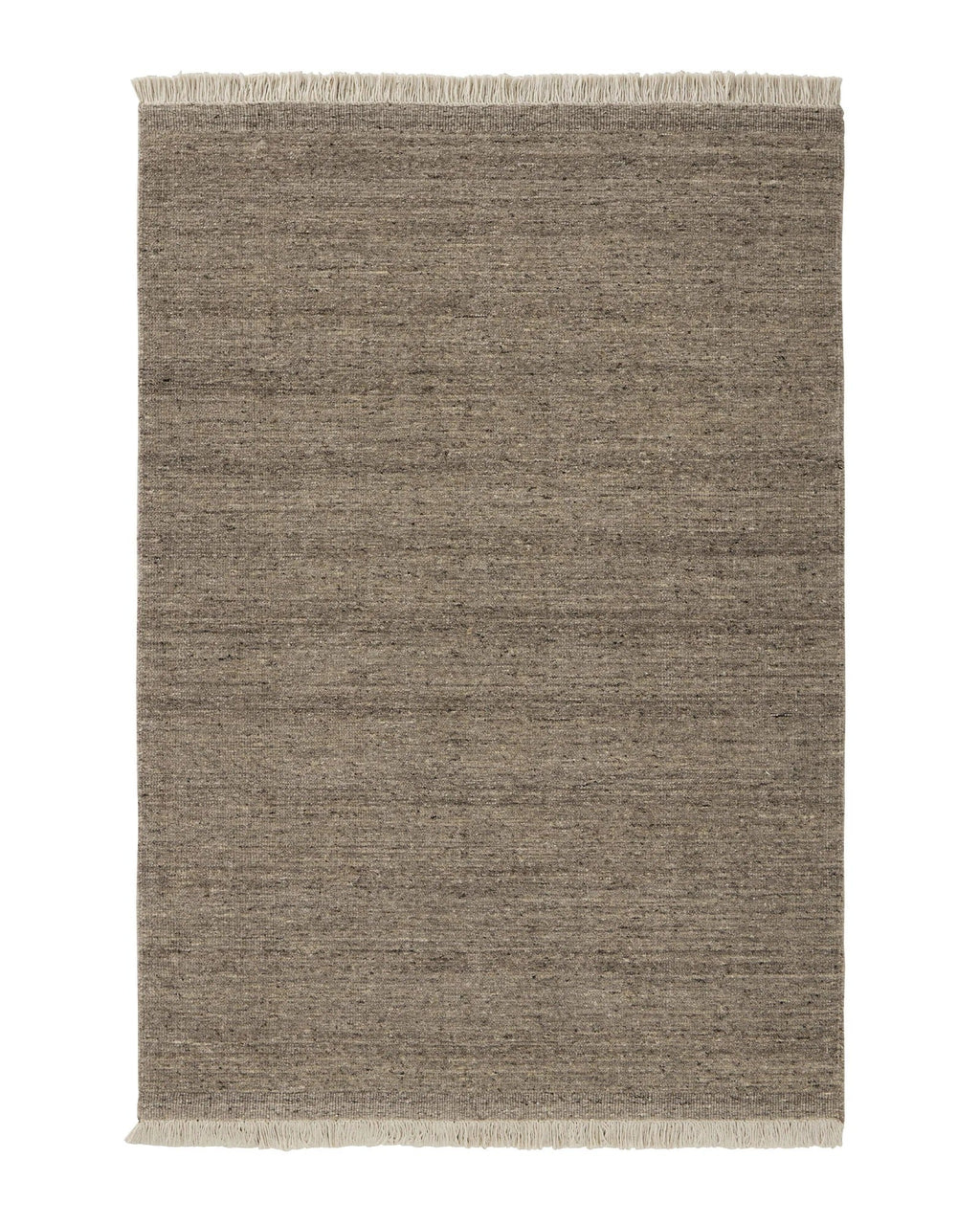 Weave Home Anton wool rug in Ash on a plain background, shown flat with fringed ends