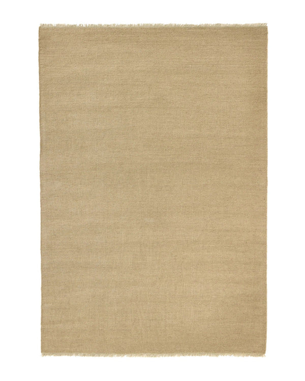 Weave Home Jacqueline wool rug in Barley, full flatweave rug with fringed edges on a plain background.