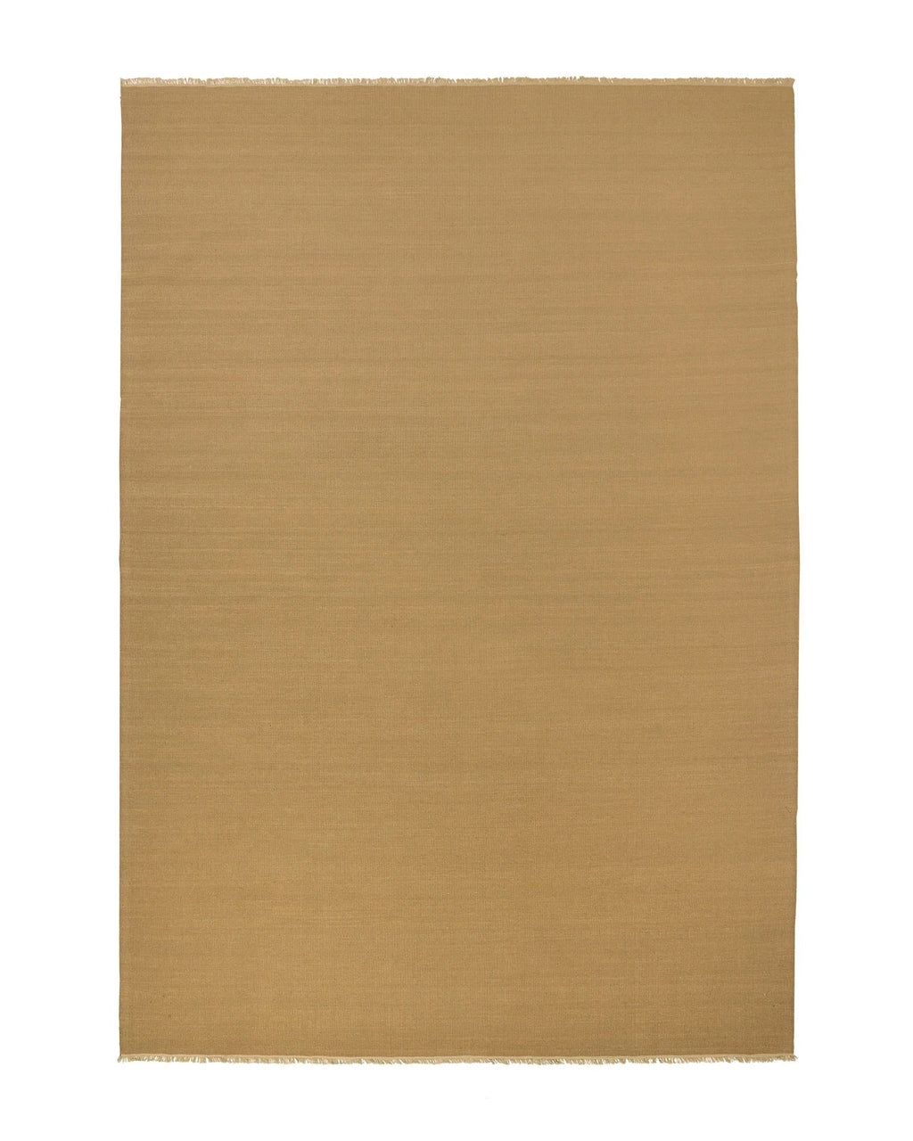 Weave Home Jacqueline wool rug in Brulee, full flatweave rug with fringed edges on a plain background.