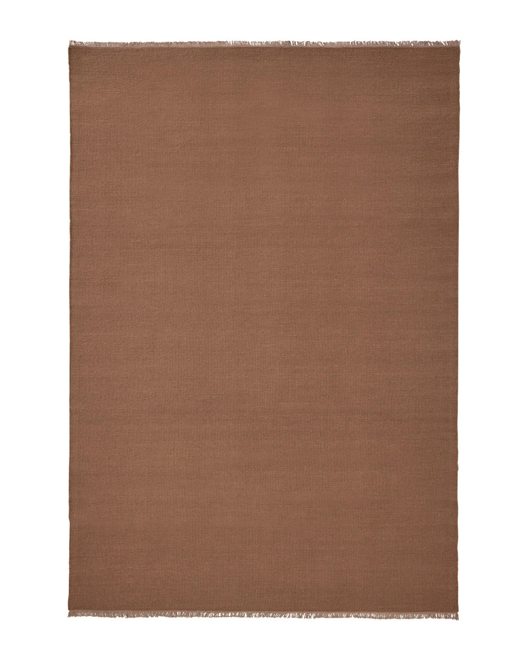 Weave Home Jacqueline wool rug in Rosewood on a plain background, shown flat with fringed ends