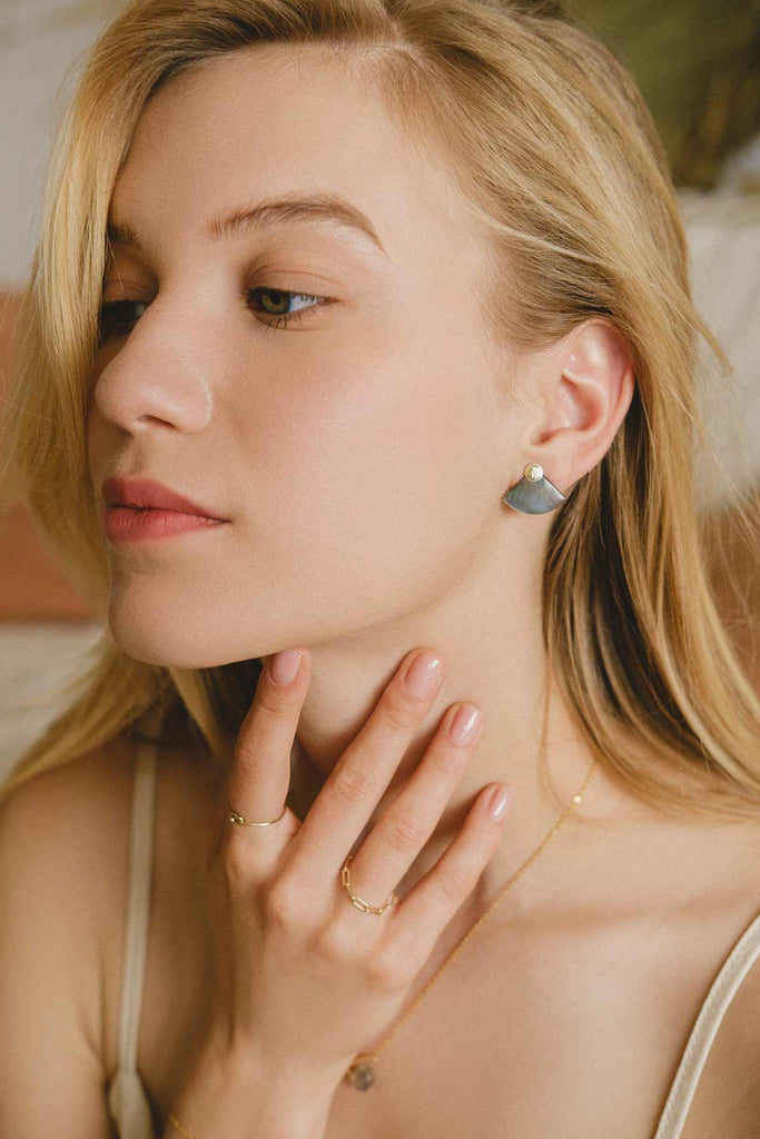 A woman wearing the Laos earrings in one of three ways. The Mother-of-pearl jacket is placed in front of her ear, highlighting the natural grey tones of the beautiful shell. 