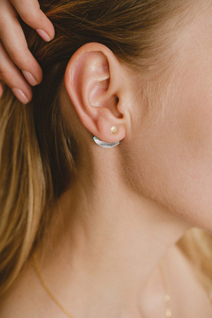 A woman wearing the Laos earrings in one of three ways. The Mother-of-pearl jacket is tucked behind her ear, highlighting the gold centre of the earring. 