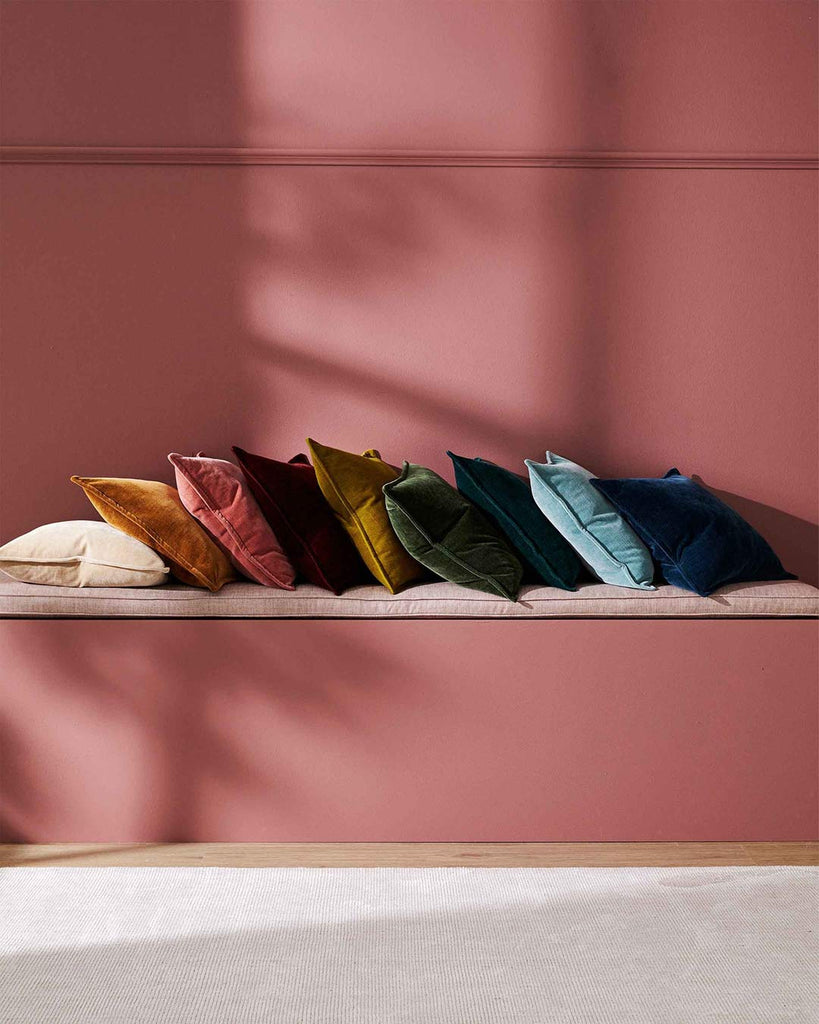 A striking line up of vintage velvet cushions, in exquisite on-trend colours, by Weave Home NZ