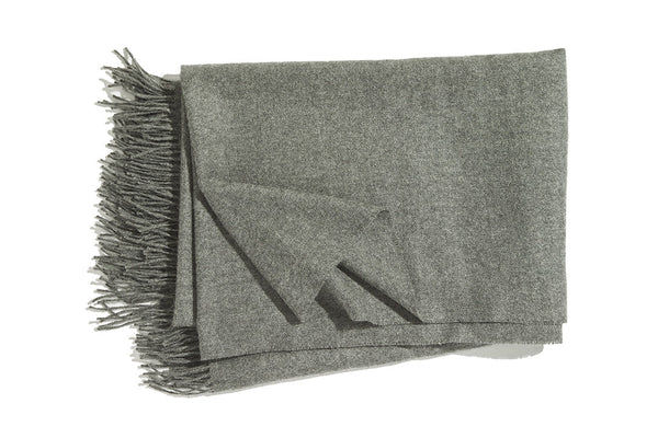 A luxurious Christian Fischbacher throw with fringe detail, made from soft warm alpaca yarn, and in a versatile shadow-grey colour colour