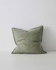 Weave Olive Como Linen Cushion with panel detail, by Weave Home NZ. Size: 50cm x 50cm