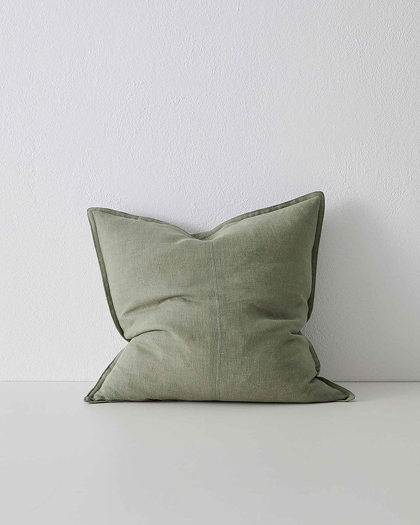 Weave Olive Como Linen Cushion with panel detail, by Weave Home NZ. Size: 50cm x 50cm