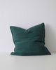 Exquisite deep green, jewell-toned Como Linen Cushion with panel detail, by Weave Home NZ. Size: 60cm x 60cm