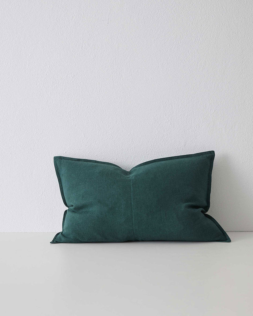 Exquisite deep green, jewell-toned Como Linen Cushion with panel detail, by Weave Home NZ. Size: 40cm x 60cm lumbar