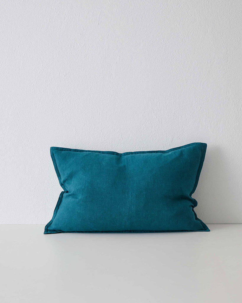 Vibrant teal blue Como Linen Cushion with panel detail, by Weave Home NZ. Size: 40cm x 60cm lumbar