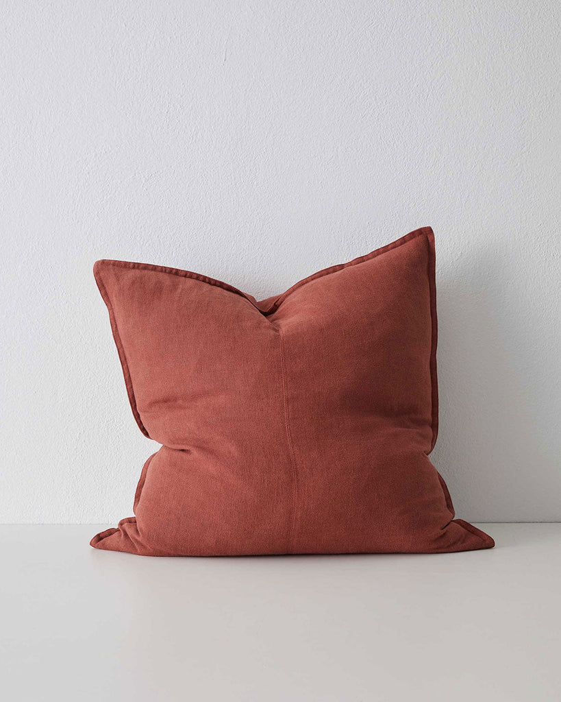 Sienna Red-Brown Rust Como Linen Cushion with panel detail, by Weave Home NZ. Size: 60cm x 60cm