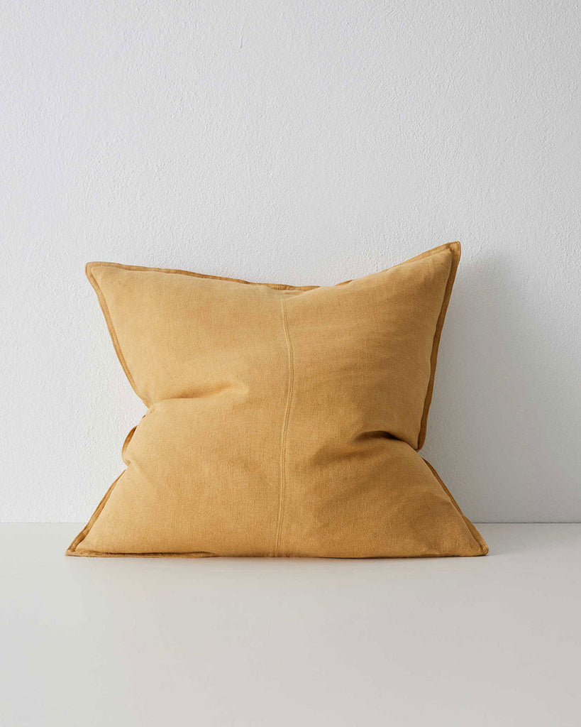 Mustard yellow Amber Como Linen Cushion with panel detail, by Weave Home NZ. Size: 60cm x 60cm