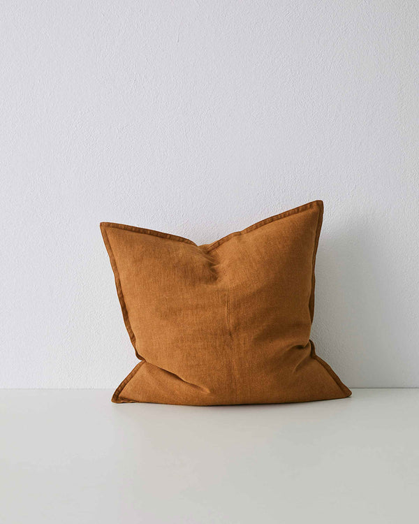 Spice Orange-Brown earthy Como Linen Cushion with panel detail, by Weave Home NZ. Size: 50cm x 50cm