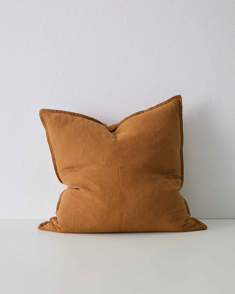 Spice Orange-Brown earthy Como Linen Cushion with panel detail, by Weave Home NZ. Size: 60cm x 60cm