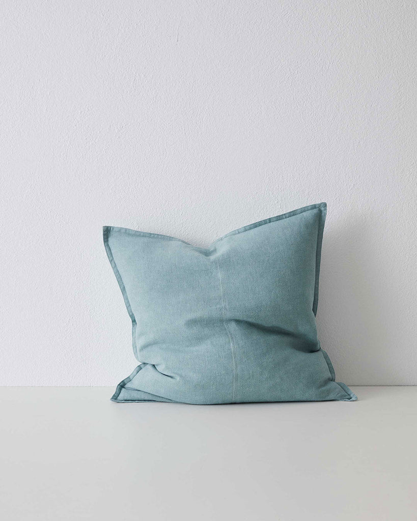 Mineral Soft Blue Como Linen Cushion with panel detail, by Weave Home NZ. Size: 50cm x 50cm