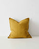 Bright mustard yellow Moss Como Linen Cushion with panel detail, by Weave Home NZ. Size: 50cm x 50cm