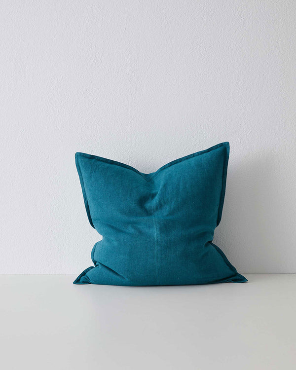 Vibrant teal blue Como Linen Cushion with panel detail, by Weave Home NZ. Size: 50cm x 50cm