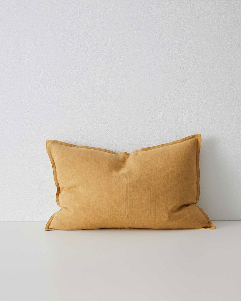 Mustard yellow Amber Como Linen Cushion with panel detail, by Weave Home NZ. Size: 40cm x 60cm Lumbar