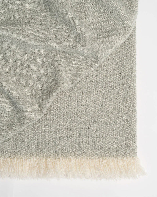 Close up of the Weave Home NZ wool boucle Clive throw blanket in colour Laurel green