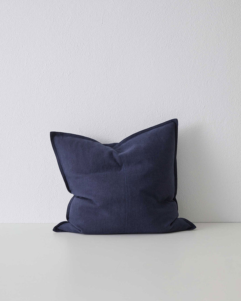 Deep blue ocean colour Como Linen Cushion with panel detail, by Weave Home NZ. Size: 50cm x 50cm