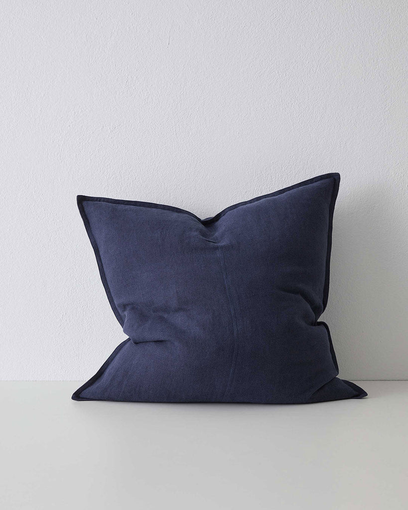 Deep blue ocean colour Como Linen Cushion with panel detail, by Weave Home NZ. Size: 60cm x 60cm
