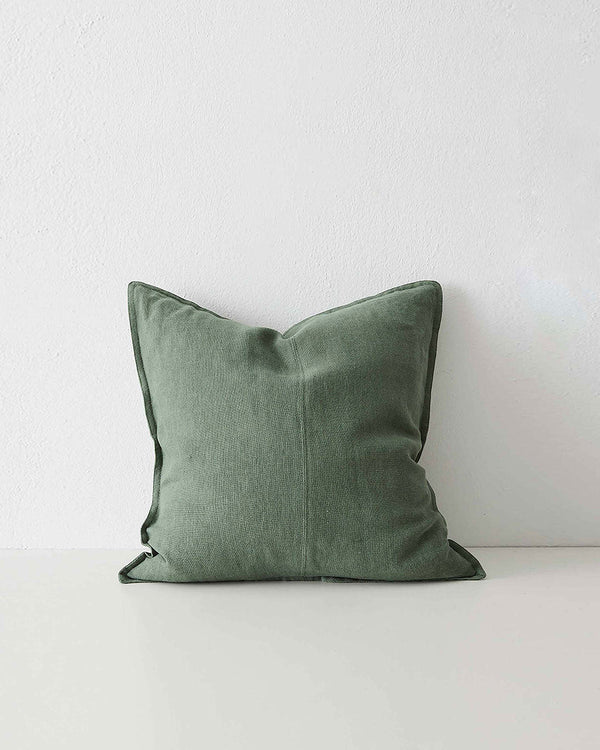 Juniper, beautiful muted mid-green Como Linen Cushion with panel detail, by Weave Home NZ. Size: 50cm x 50cm