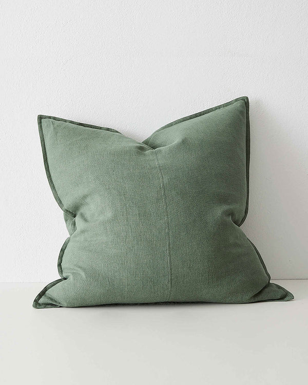 Juniper, beautiful muted mid-green Como Linen Cushion with panel detail, by Weave Home NZ. Size: 60cm x 60cm