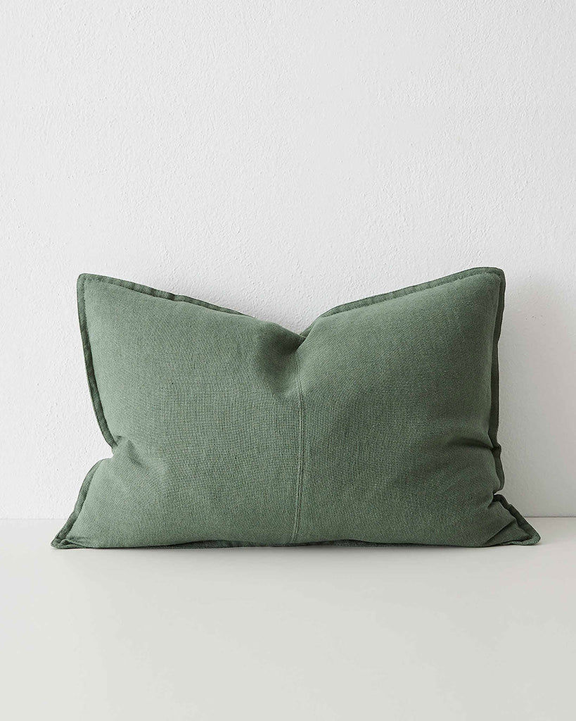 Juniper, beautiful muted mid-green Como Linen Cushion with panel detail, by Weave Home NZ. Size: 40cm x 60cm lumbar