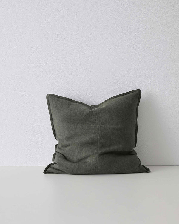 Khaki Green Como Linen Cushion with panel detail, by Weave Home NZ. Size: 50cm x 50cm