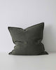 Khaki Green Como Linen Cushion with panel detail, by Weave Home NZ. Size: 60cm x 60cm