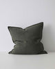 Khaki Green Como Linen Cushion with panel detail, by Weave Home NZ. Size: 60cm x 60cm