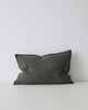 Khaki Green Como Linen Cushion with panel detail, by Weave Home NZ. Size: 40cm x 60cm Lumbar