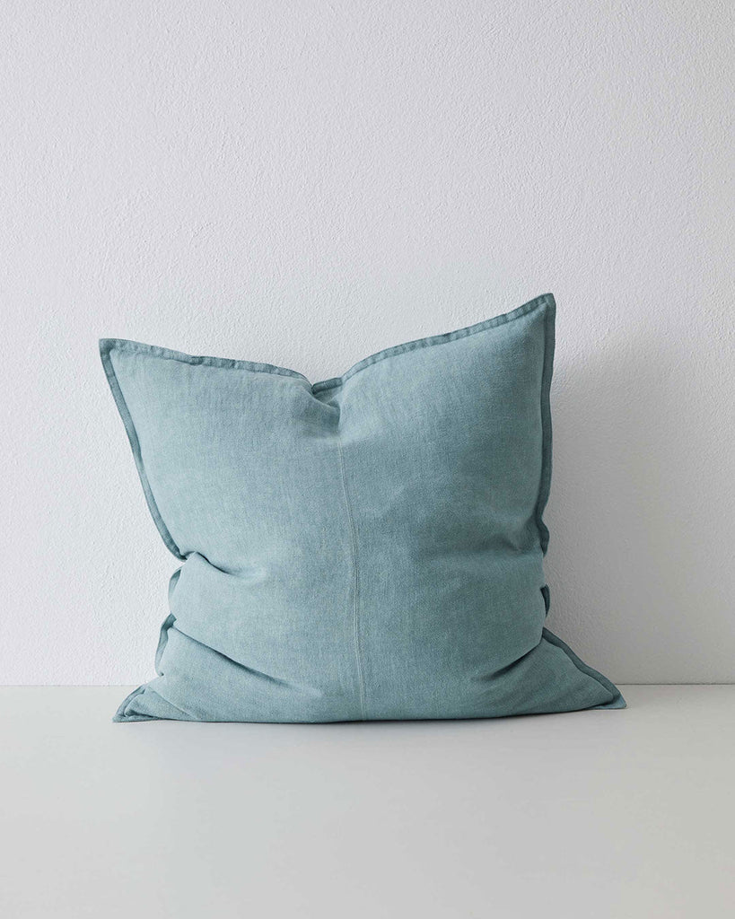 Mineral Soft Blue Como Linen Cushion with panel detail, by Weave Home NZ. Size: 60cm x 60cm