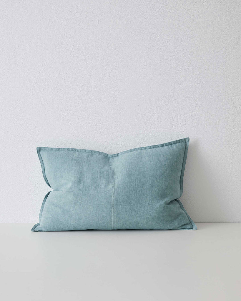 Mineral Soft Blue Como Linen Cushion with panel detail, by Weave Home NZ. Size: 40cm x 60cm lumbar