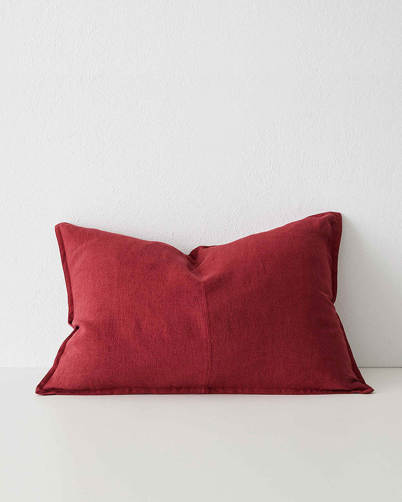 Rhubarb Red Como Linen Cushion with panel detail, by Weave Home NZ. Size: 40cm x 60cm Lumbar