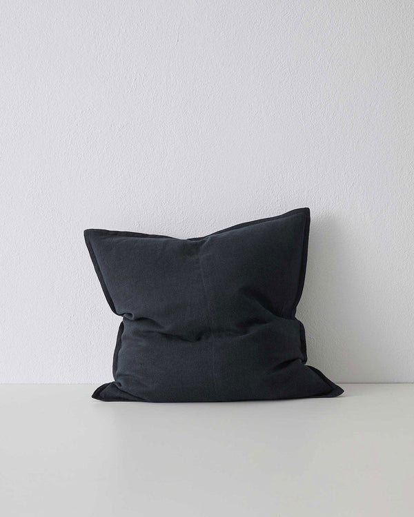 Dark shadow colour Como Linen Cushion with panel detail, by Weave Home NZ. Size: 50cm x 50cm