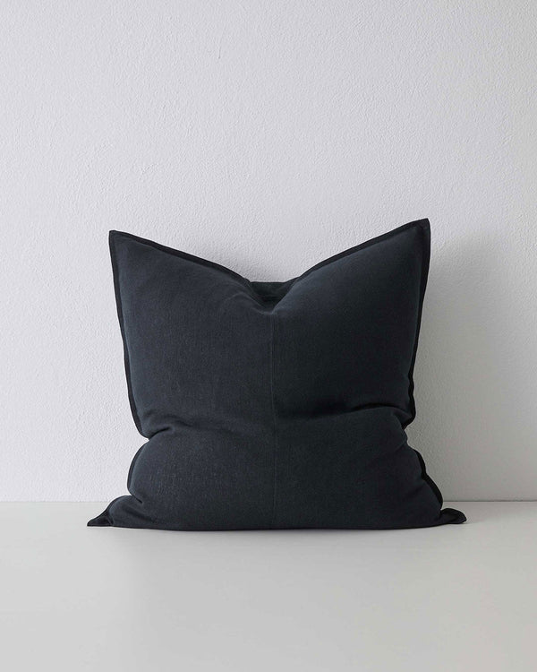 Dark shadow colour Como Linen Cushion with panel detail, by Weave Home NZ. Size: 60cm x 60cm