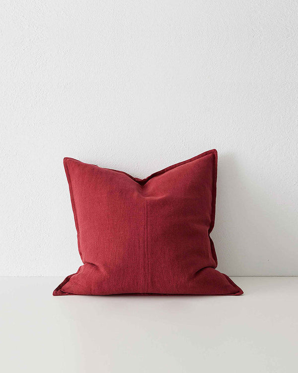 Rhubarb Red Como Linen Cushion with panel detail, by Weave Home NZ. Size: 50cm x 50cm