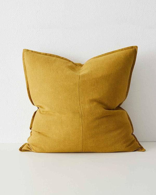 Bright mustard yellow Moss Como Linen Cushion with panel detail, by Weave Home NZ. Size: 60cm x 60cm